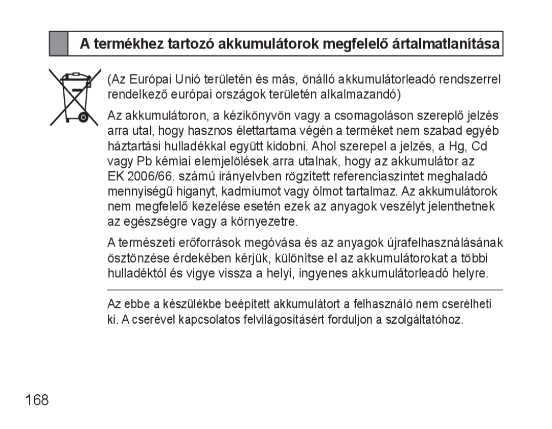 Samsung BHM3500EBECXEH, BHM3500EWECXEH manual Termékhez tartozó akkumulátorok megfelelő ártalmatlanítása, 168 