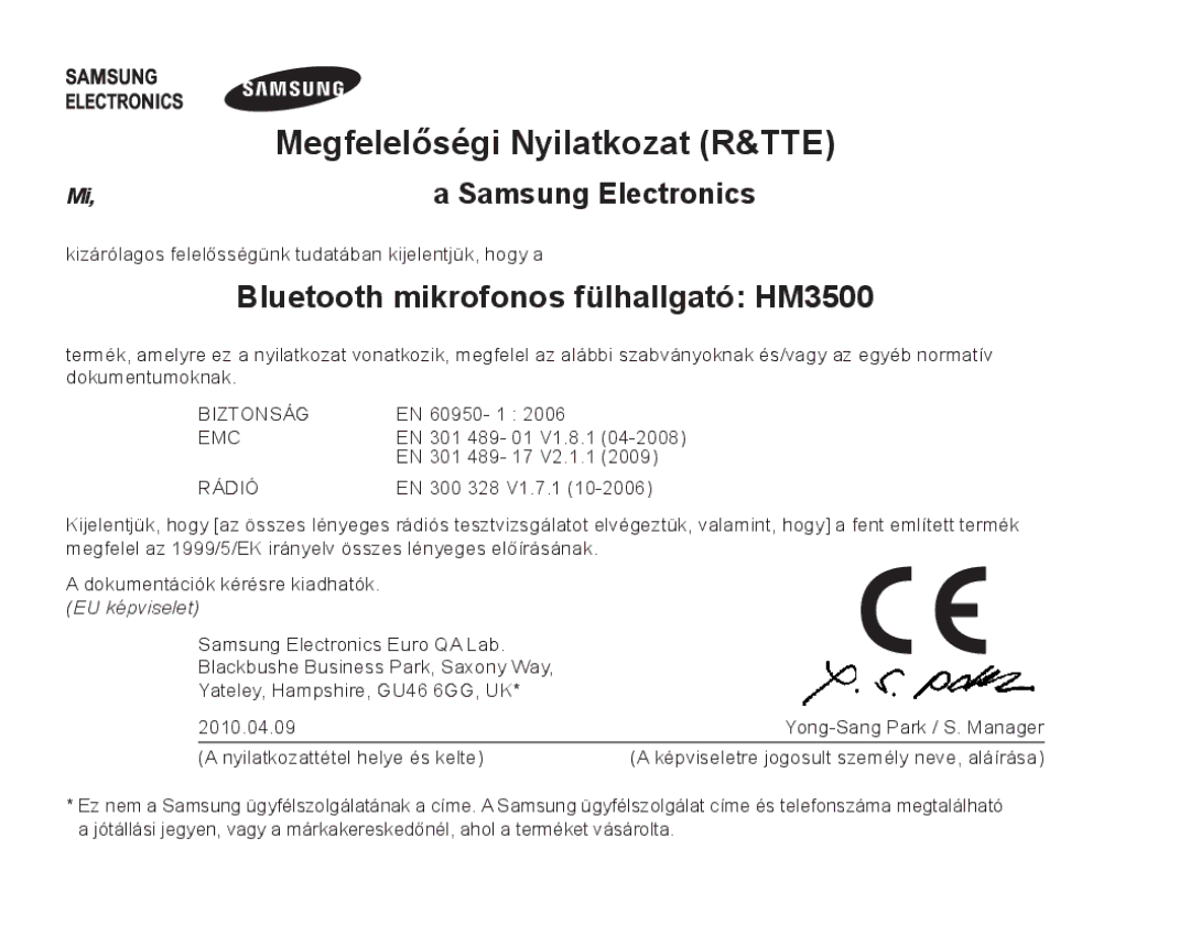 Samsung BHM3500EBECXEH, BHM3500EWECXEH manual Megfelelőségi Nyilatkozat R&TTE, Bluetooth mikrofonos fülhallgató HM3500 