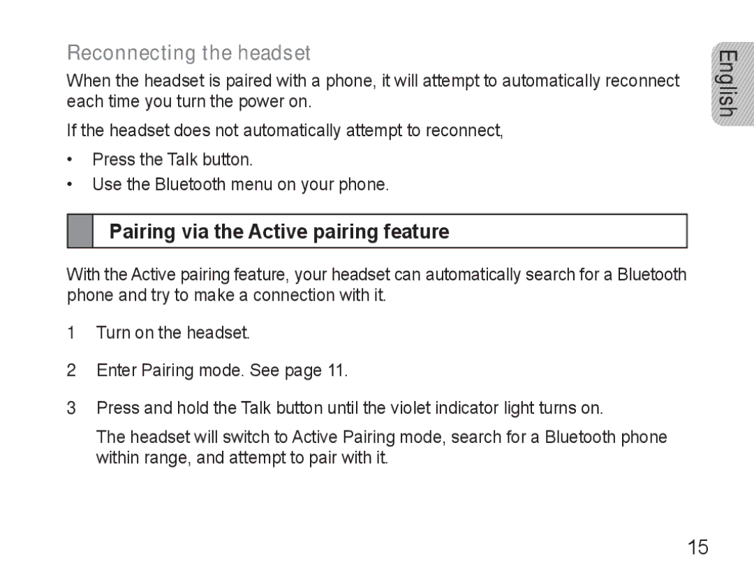 Samsung BHM3500EWECXEH, BHM3500EBECXEH manual Reconnecting the headset, Pairing via the Active pairing feature 