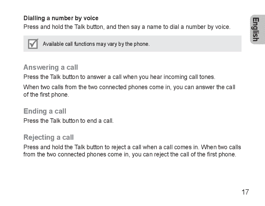 Samsung BHM3500EWECXEH, BHM3500EBECXEH manual Answering a call, Ending a call, Rejecting a call, Dialling a number by voice 