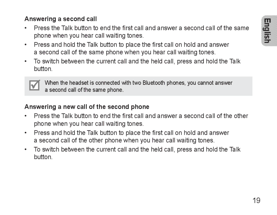 Samsung BHM3500EWECXEH, BHM3500EBECXEH manual Answering a second call, Answering a new call of the second phone 