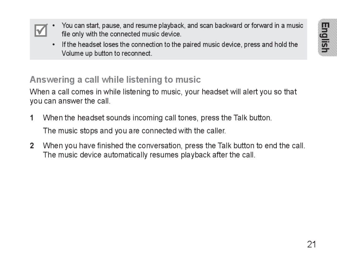 Samsung BHM3500EWECXEH, BHM3500EBECXEH manual Answering a call while listening to music 