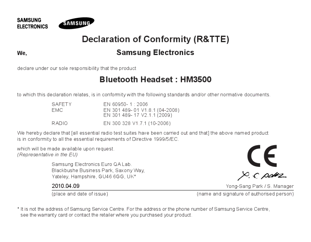 Samsung BHM3500EBECXEH, BHM3500EWECXEH manual Declaration of Conformity R&TTE, Bluetooth Headset HM3500, Samsung Electronics 