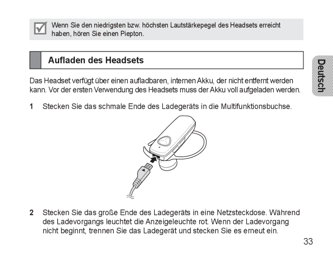 Samsung BHM3500EWECXEH, BHM3500EBECXEH manual Aufladen des Headsets 