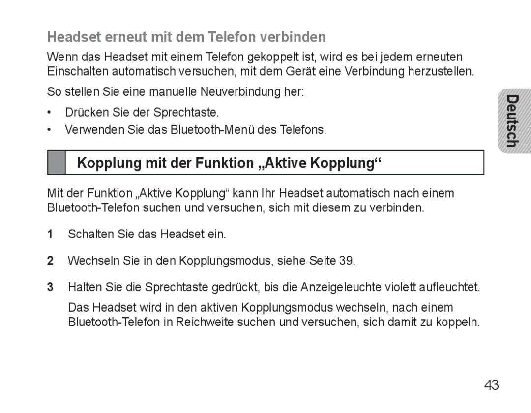 Samsung BHM3500EWECXEH manual Headset erneut mit dem Telefon verbinden, Kopplung mit der Funktion „Aktive Kopplung 