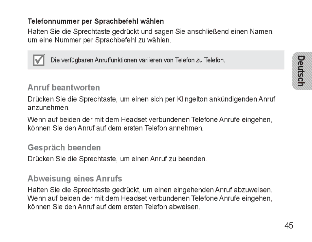 Samsung BHM3500EWECXEH Anruf beantworten, Gespräch beenden, Abweisung eines Anrufs, Telefonnummer per Sprachbefehl wählen 