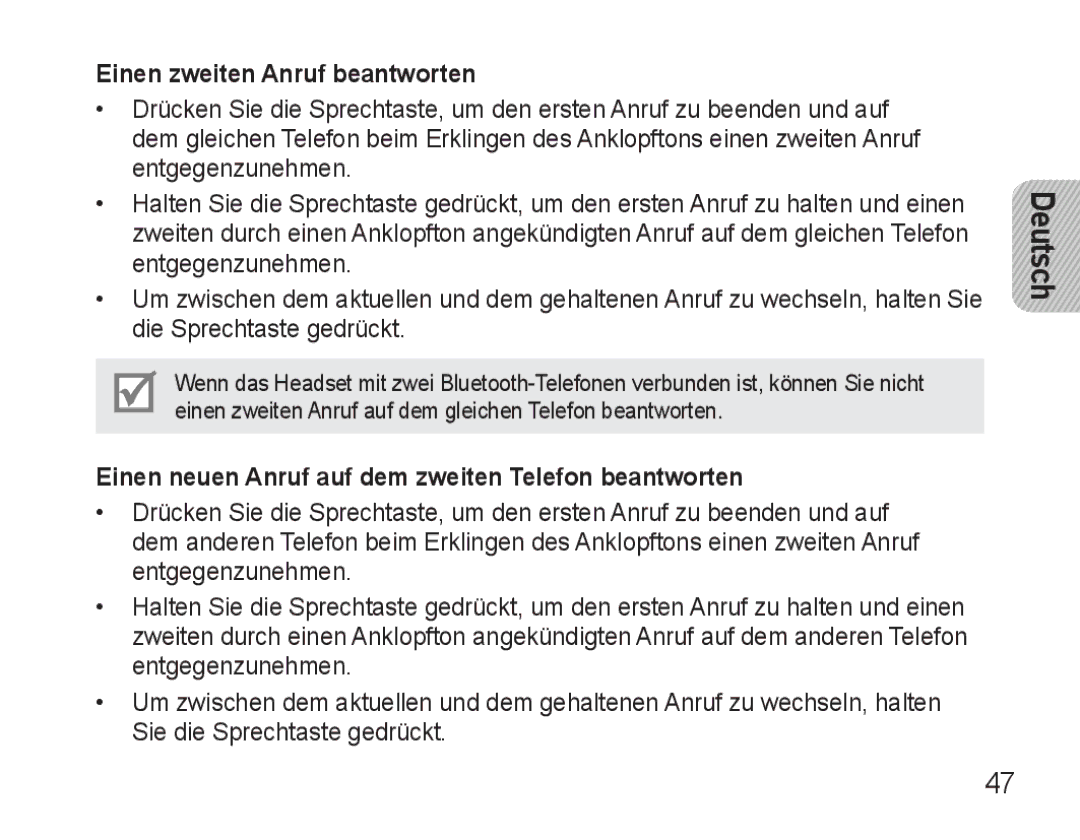 Samsung BHM3500EWECXEH manual Einen zweiten Anruf beantworten, Einen neuen Anruf auf dem zweiten Telefon beantworten 
