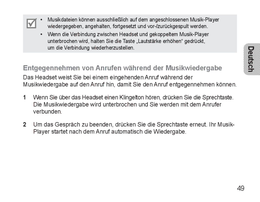 Samsung BHM3500EWECXEH, BHM3500EBECXEH manual Entgegennehmen von Anrufen während der Musikwiedergabe 