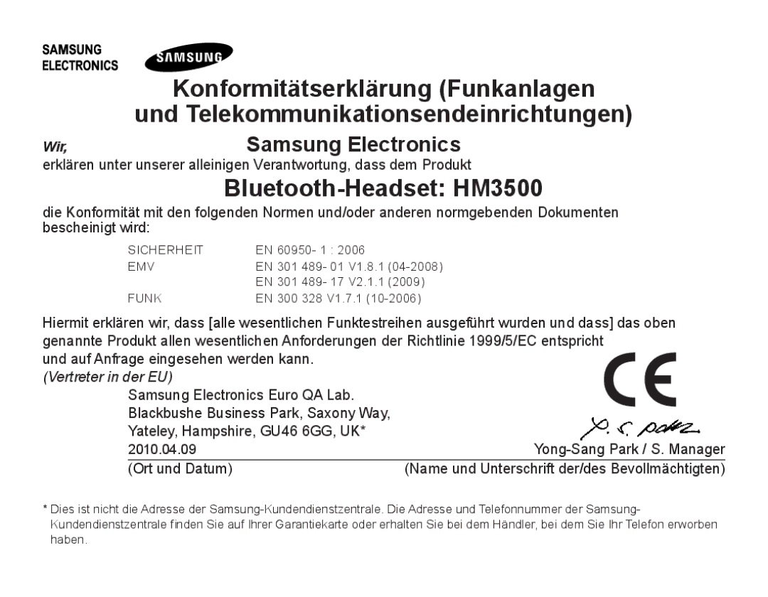 Samsung BHM3500EBECXEH, BHM3500EWECXEH manual Bluetooth-Headset HM3500, Samsung Electronics 