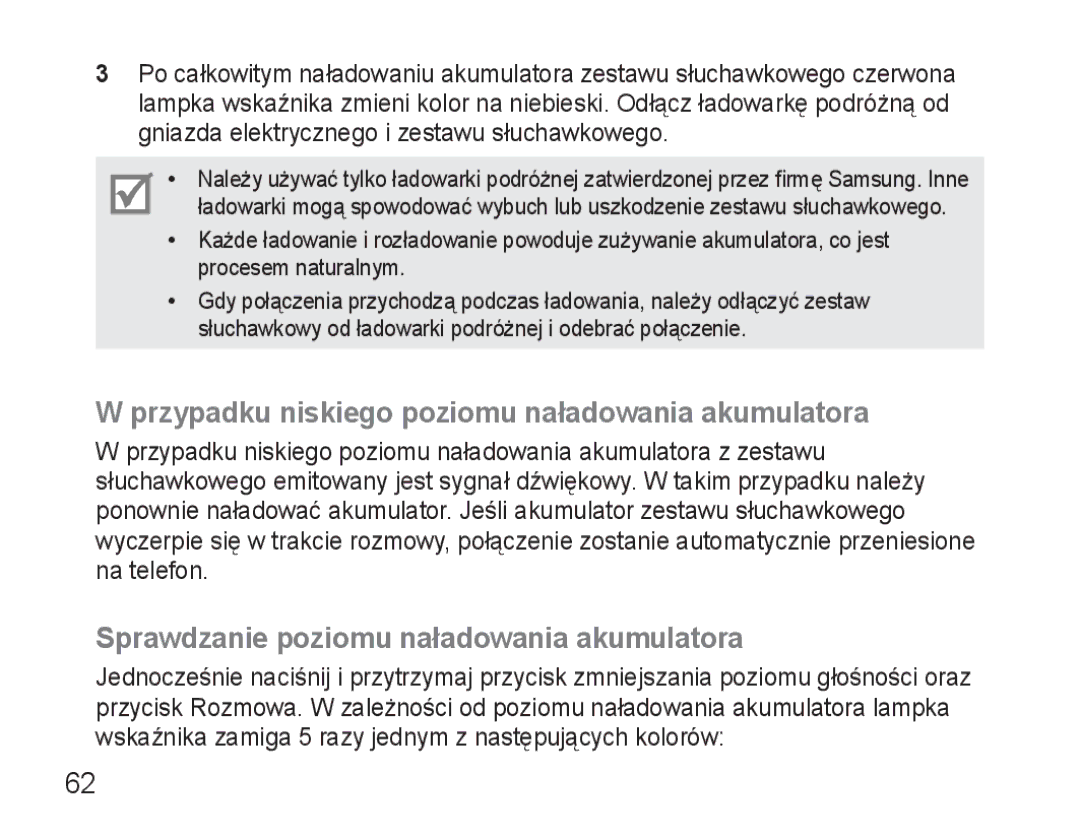 Samsung BHM3500EBECXEH Przypadku niskiego poziomu naładowania akumulatora, Sprawdzanie poziomu naładowania akumulatora 