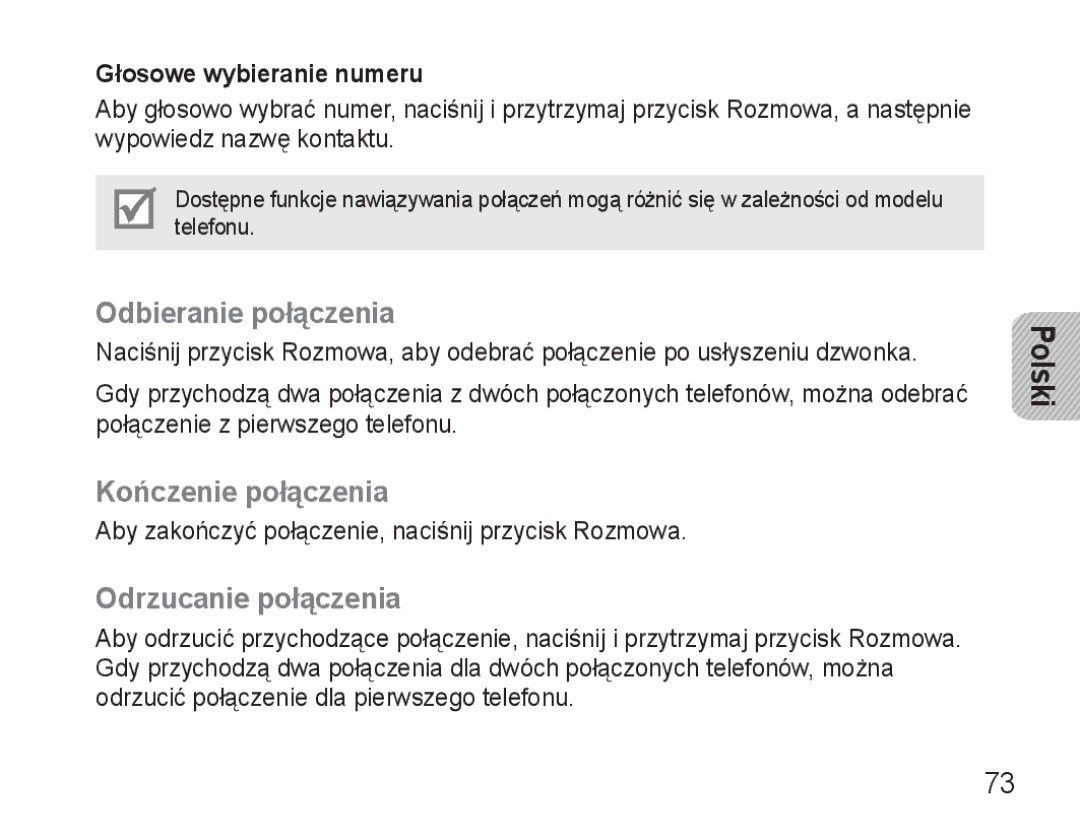 Samsung BHM3500EWECXEH manual Odbieranie połączenia, Kończenie połączenia, Odrzucanie połączenia, Głosowe wybieranie numeru 