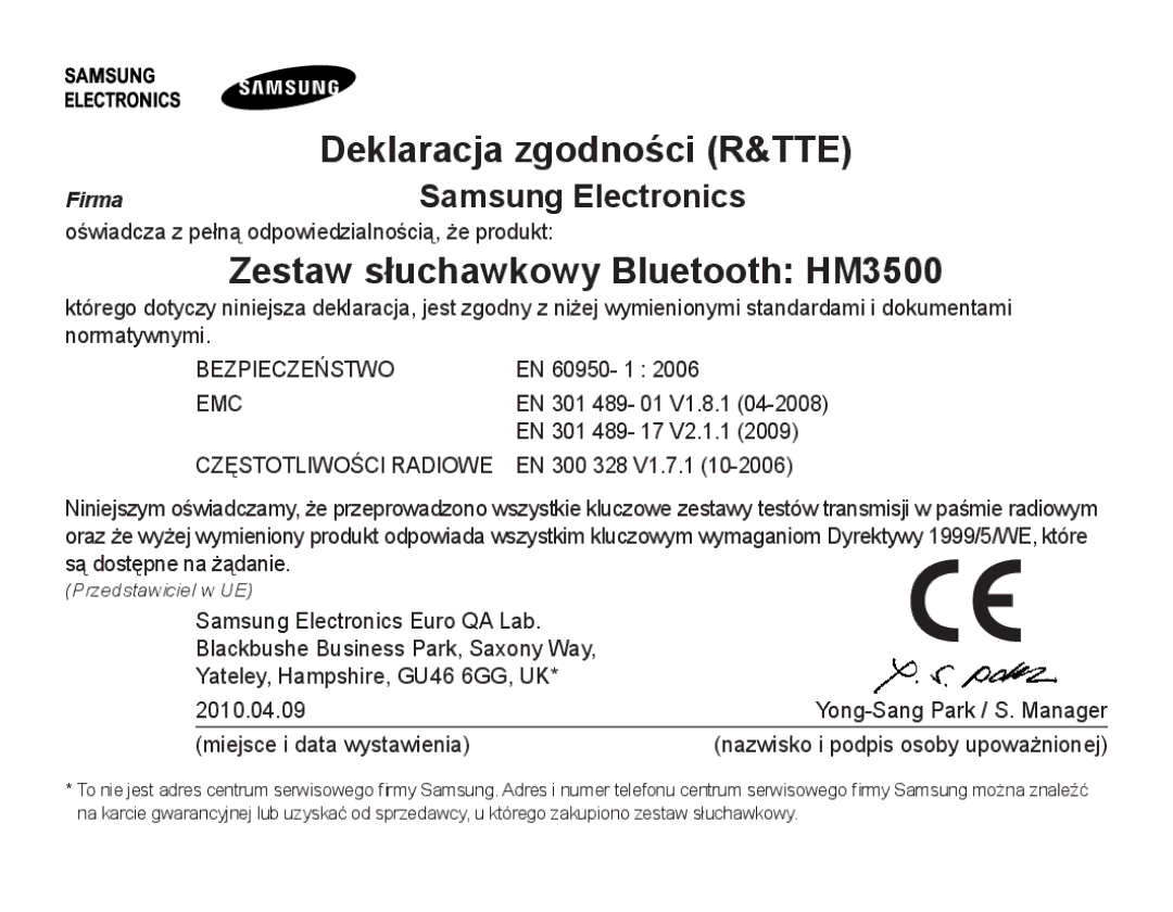 Samsung BHM3500EWECXEH, BHM3500EBECXEH manual Zestaw słuchawkowy Bluetooth HM3500 