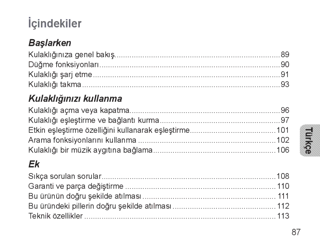 Samsung BHM3500EWECXEH, BHM3500EBECXEH manual İçindekiler, Türkçe 