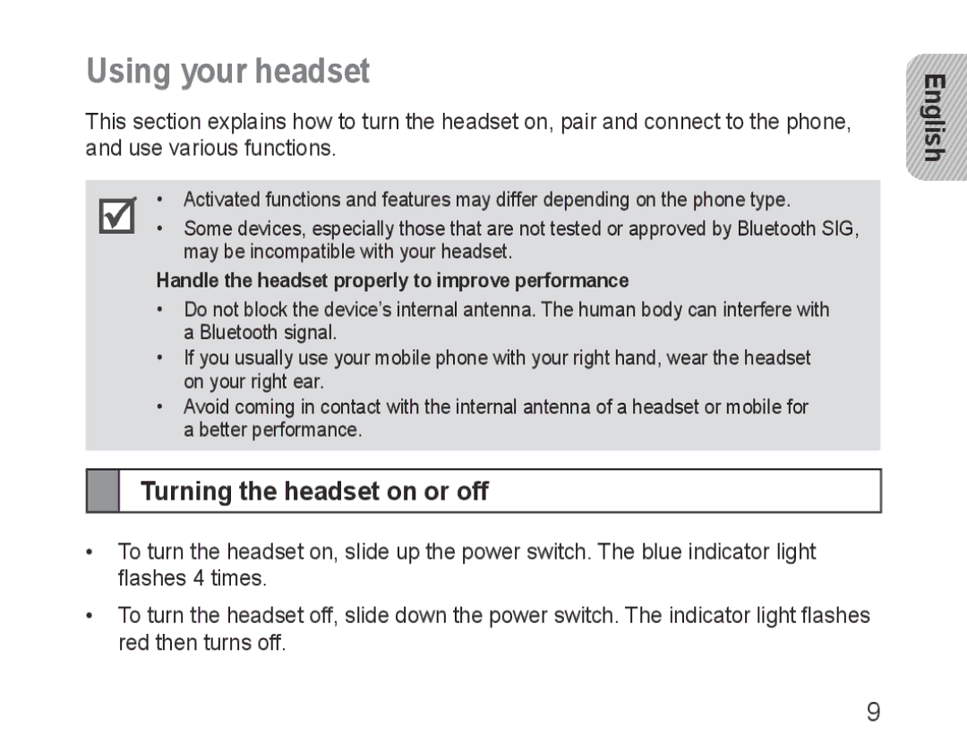 Samsung BHM3600EGECXEH manual Using your headset, Turning the headset on or off 