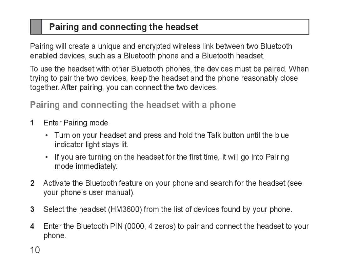 Samsung BHM3600EGECXEH manual Pairing and connecting the headset with a phone 