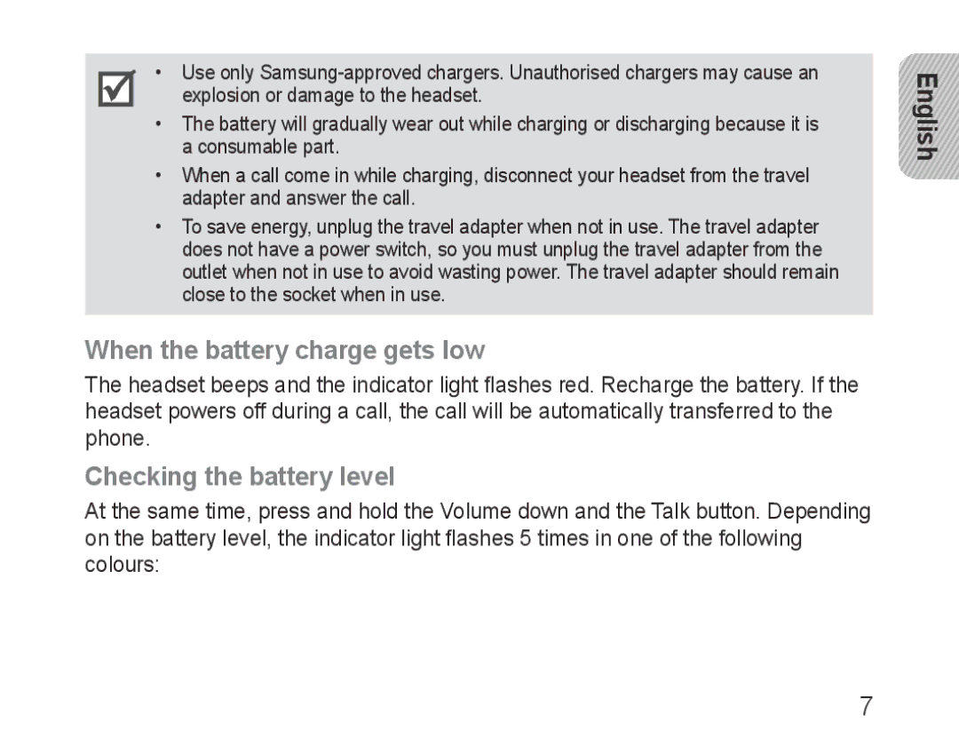 Samsung BHM3600EGECXEH manual When the battery charge gets low, Checking the battery level 