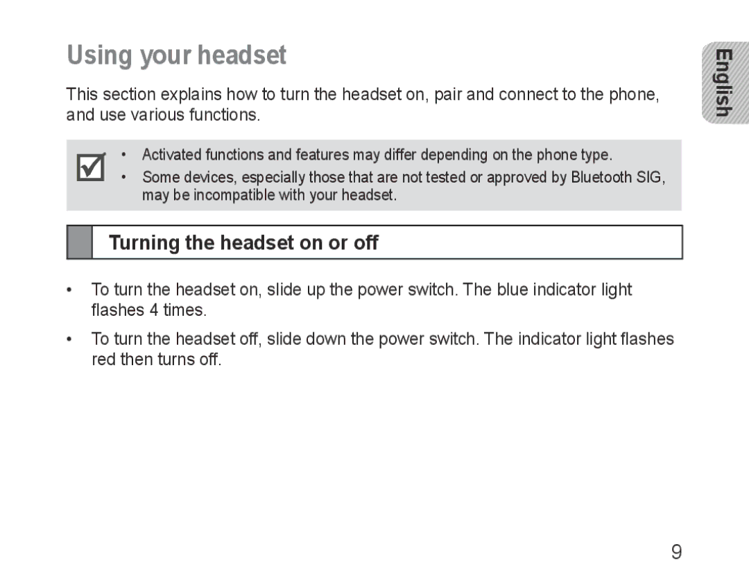 Samsung BHM3600EGECXEH manual Using your headset, Turning the headset on or off 