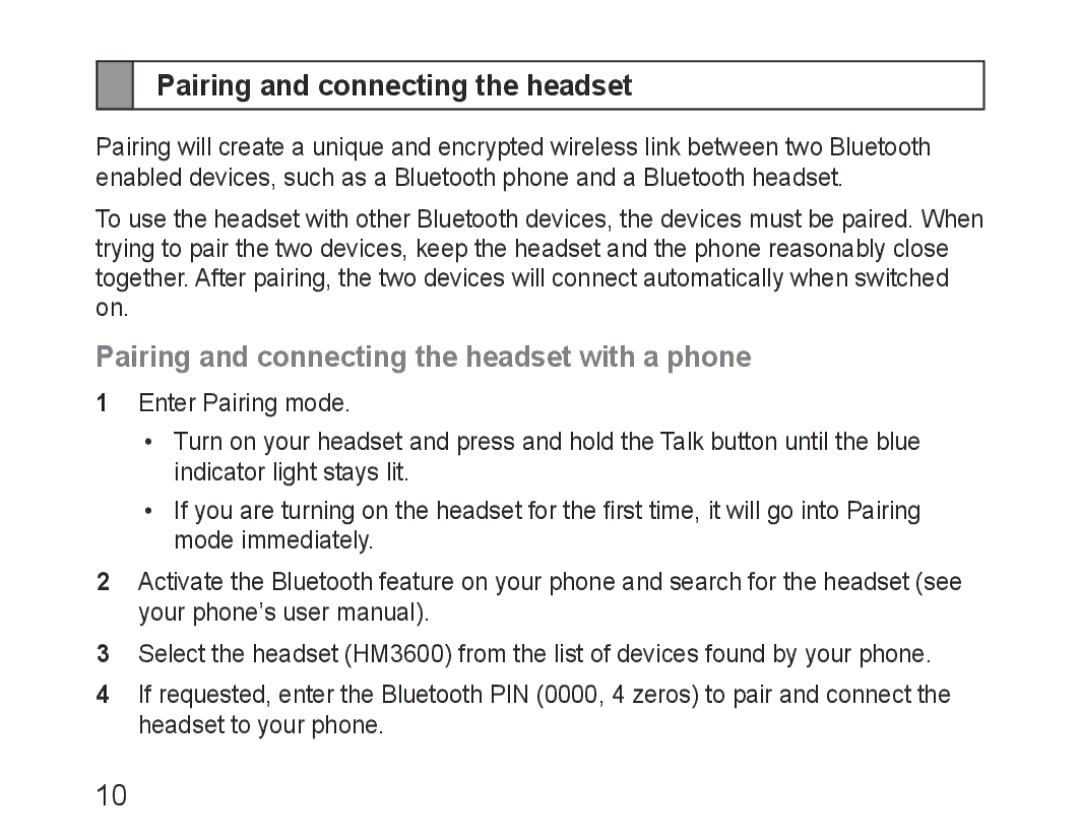 Samsung BHM3600EGECXEH manual Pairing and connecting the headset with a phone 