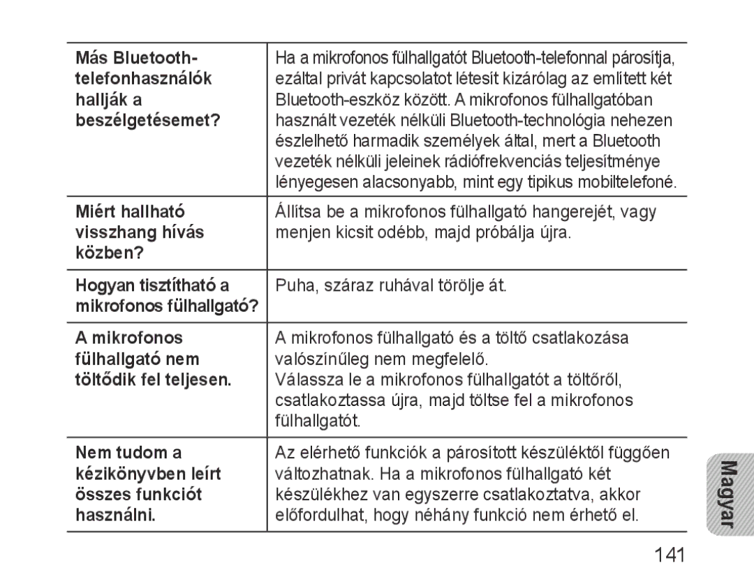 Samsung BHM3600EGECXEH manual Más Bluetooth, Telefonhasználók, Hallják a, Beszélgetésemet?, Miért hallható, Visszhang hívás 