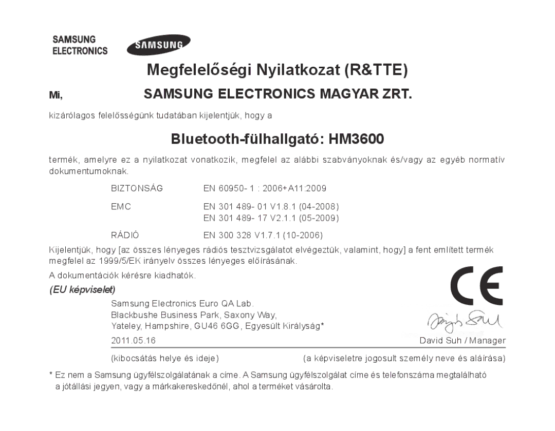 Samsung BHM3600EGECXEH manual Megfelelőségi Nyilatkozat R&TTE, Bluetooth-fülhallgató HM3600 