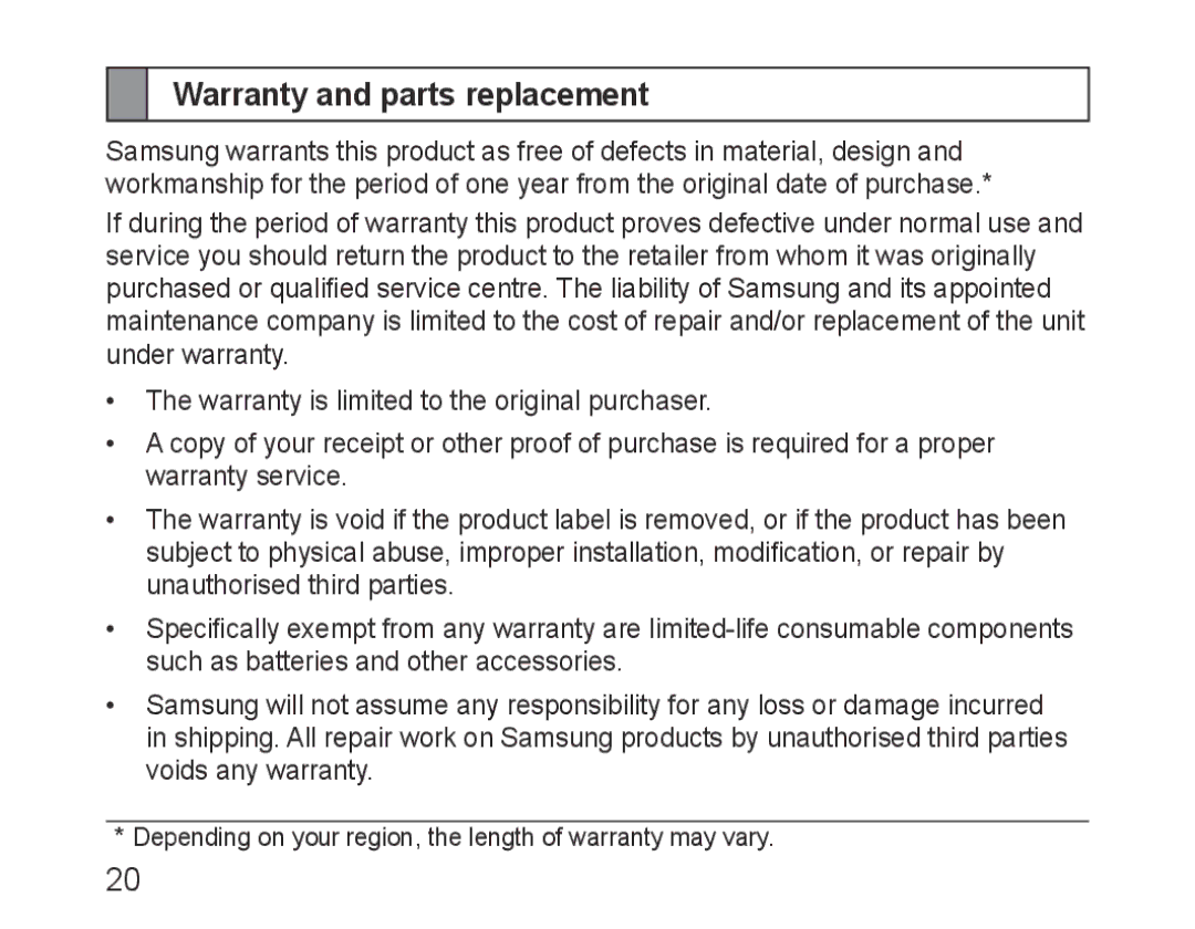 Samsung BHM3600EGECXEH manual Warranty and parts replacement 