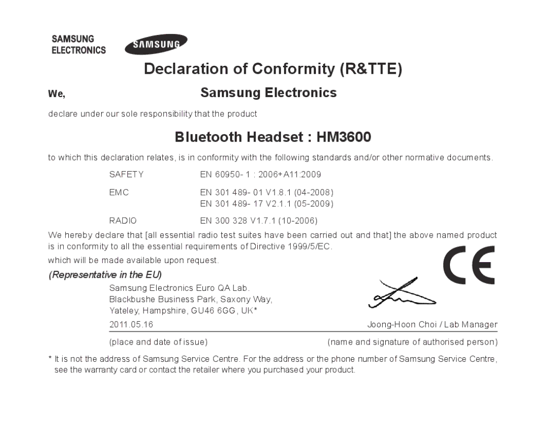 Samsung BHM3600EGECXEH manual Declaration of Conformity R&TTE, Bluetooth Headset HM3600, Samsung Electronics 