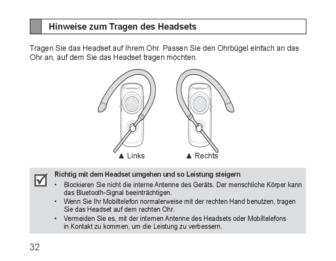 Samsung BHM3600EGECXEH manual Hinweise zum Tragen des Headsets, Richtig mit dem Headset umgehen und so Leistung steigern 