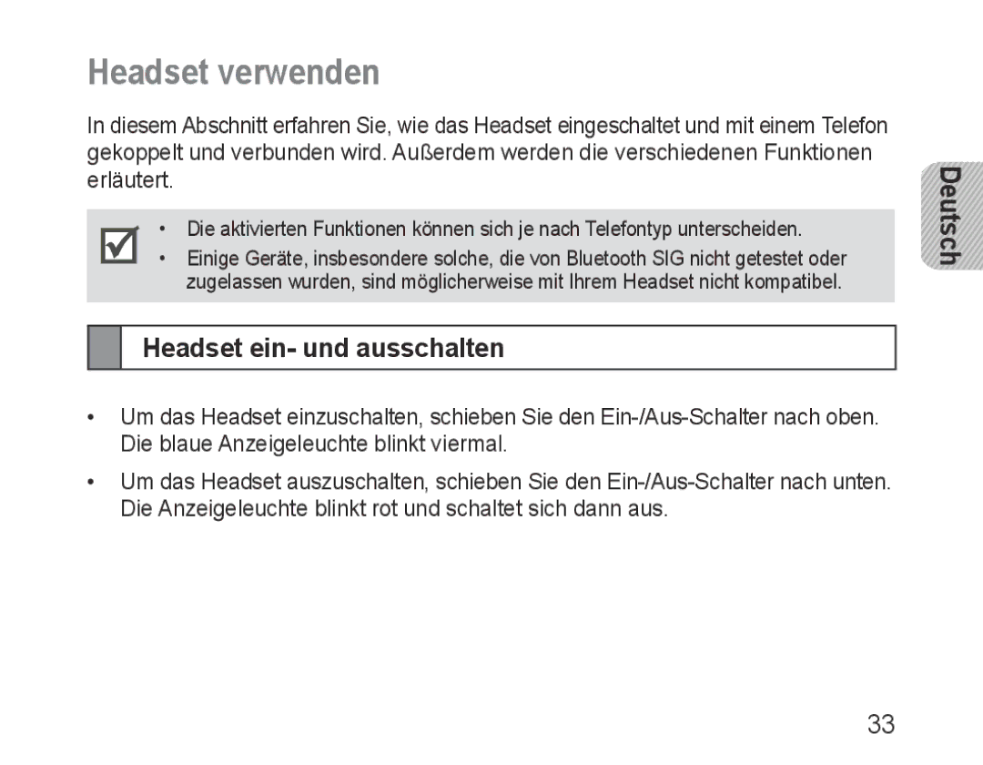 Samsung BHM3600EGECXEH manual Headset verwenden, Headset ein- und ausschalten 