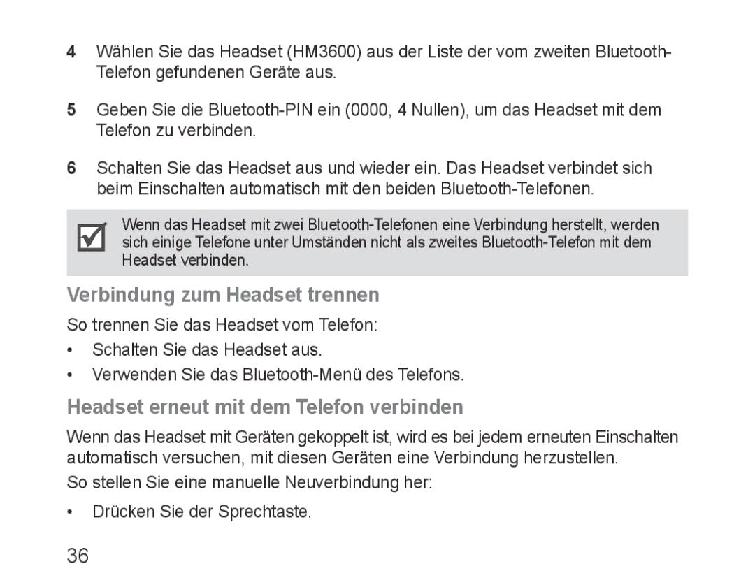 Samsung BHM3600EGECXEH manual Verbindung zum Headset trennen, Headset erneut mit dem Telefon verbinden 