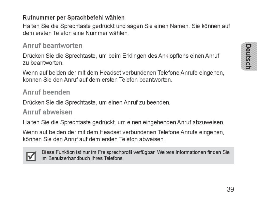 Samsung BHM3600EGECXEH manual Anruf beantworten, Anruf beenden, Anruf abweisen, Rufnummer per Sprachbefehl wählen 