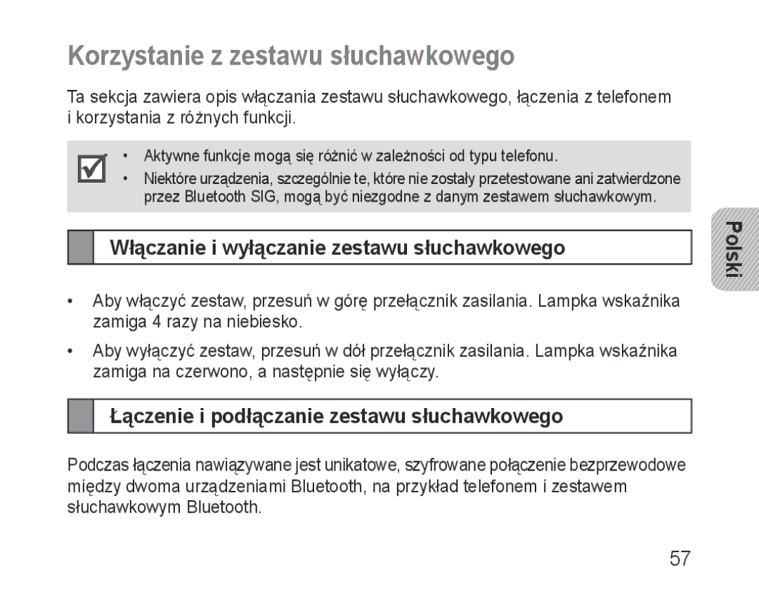 Samsung BHM3600EGECXEH manual Korzystanie z zestawu słuchawkowego, Włączanie i wyłączanie zestawu słuchawkowego 