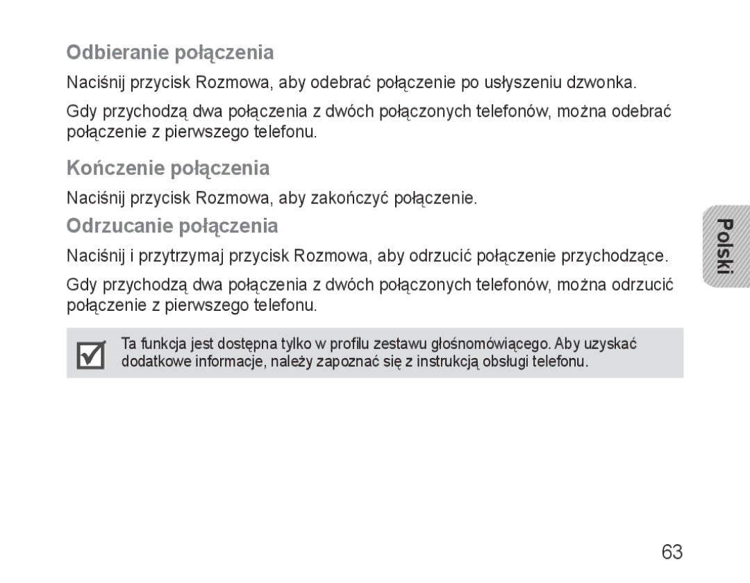 Samsung BHM3600EGECXEH manual Odbieranie połączenia, Kończenie połączenia, Odrzucanie połączenia 