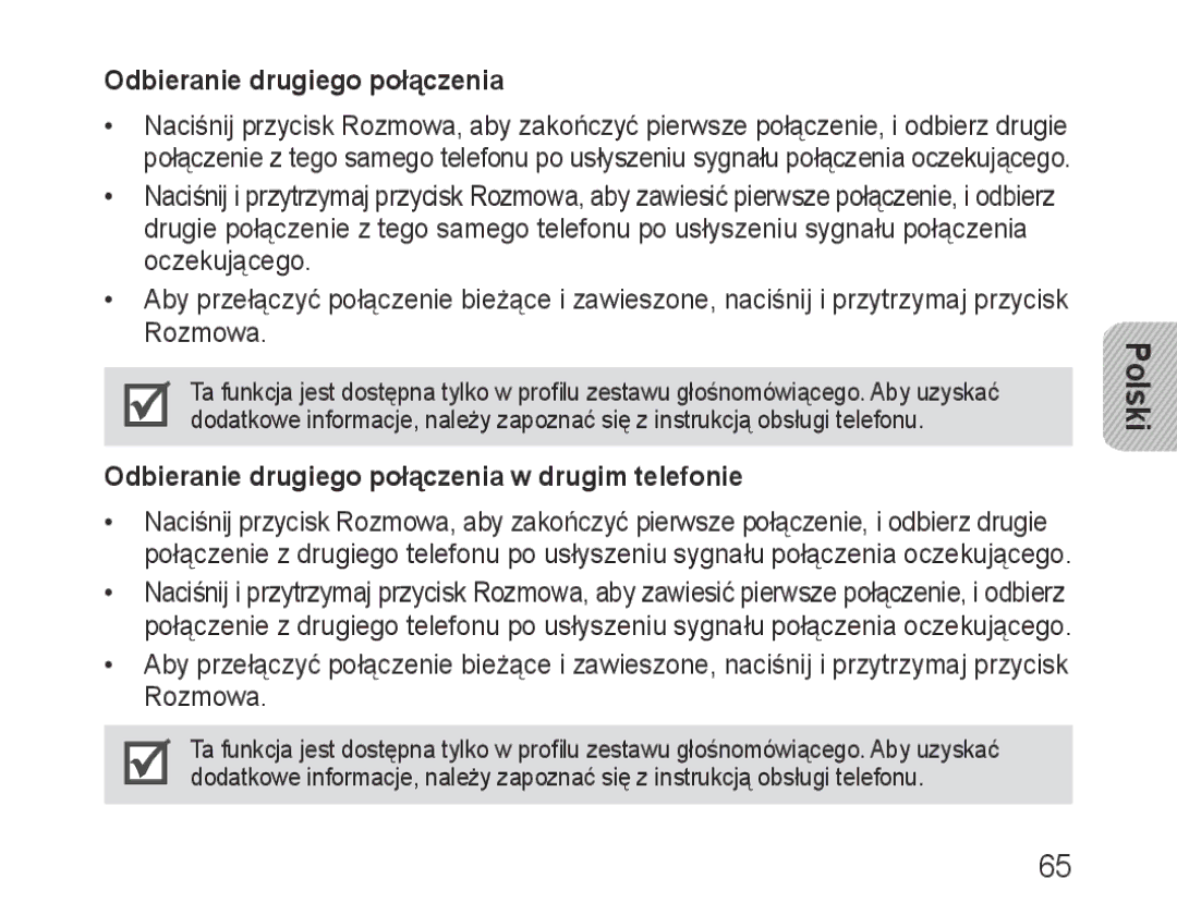 Samsung BHM3600EGECXEH manual Odbieranie drugiego połączenia w drugim telefonie 