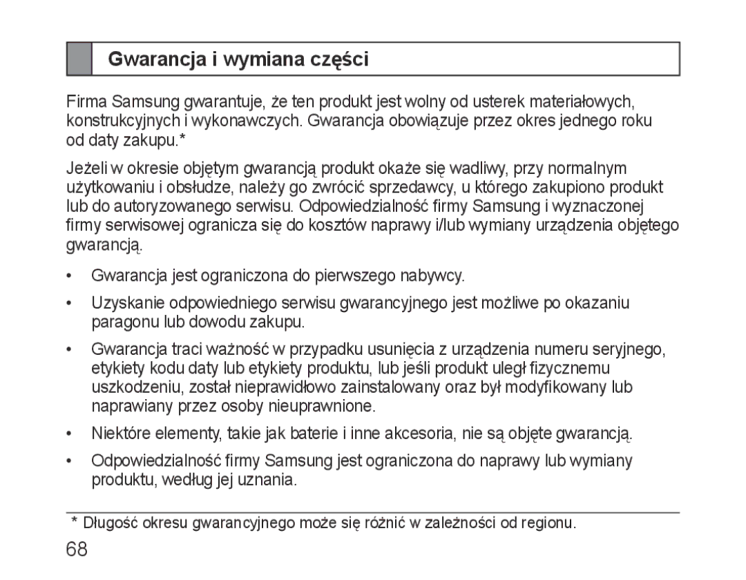 Samsung BHM3600EGECXEH manual Gwarancja i wymiana części 