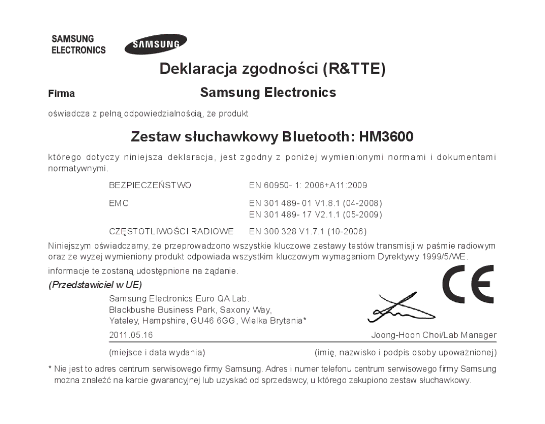 Samsung BHM3600EGECXEH manual Deklaracja zgodności R&TTE, Zestaw słuchawkowy Bluetooth HM3600 