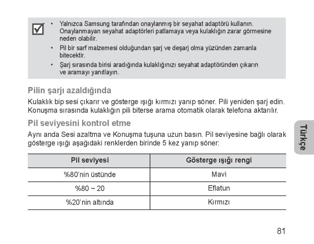 Samsung BHM3600EGECXEH manual Pilin şarjı azaldığında, Pil seviyesini kontrol etme, Pil seviyesi Gösterge ışığı rengi 