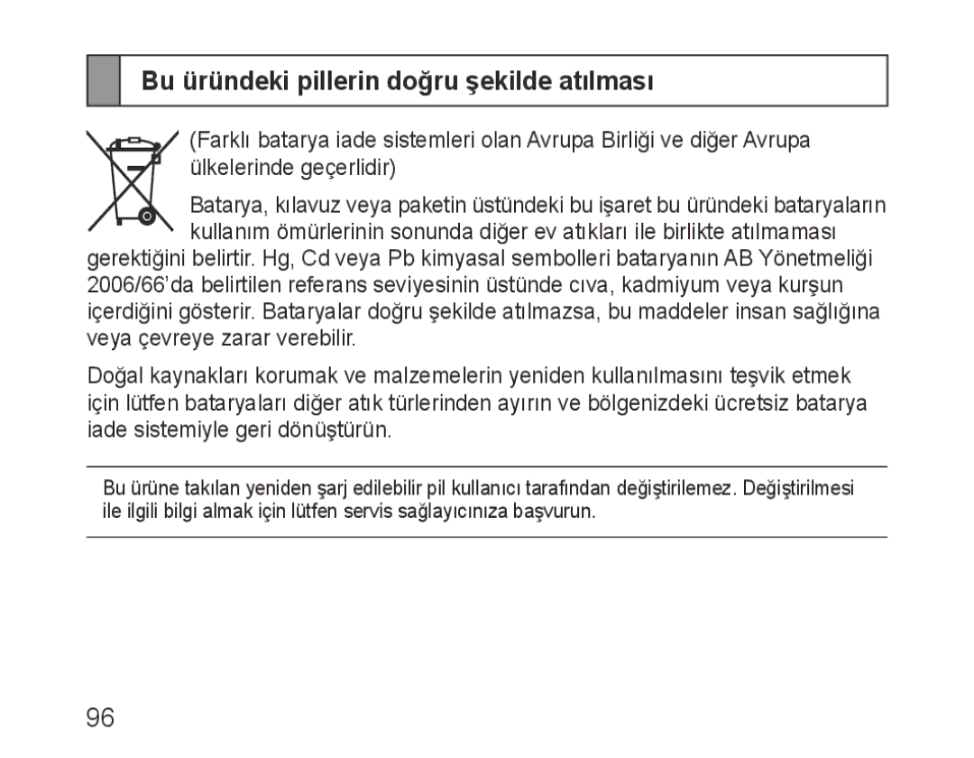 Samsung BHM3600EGECXEH manual Bu üründeki pillerin doğru şekilde atılması 