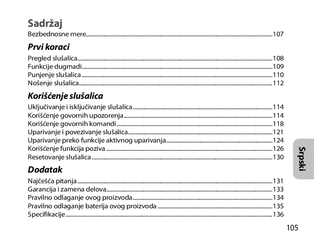 Samsung BHM3700EDECXEH, BHM3700EDEGXEF, BHM3700EDECXEF, BHM3700EDEGXEH, BHM3700EDRCSER manual Sadržaj, 105 