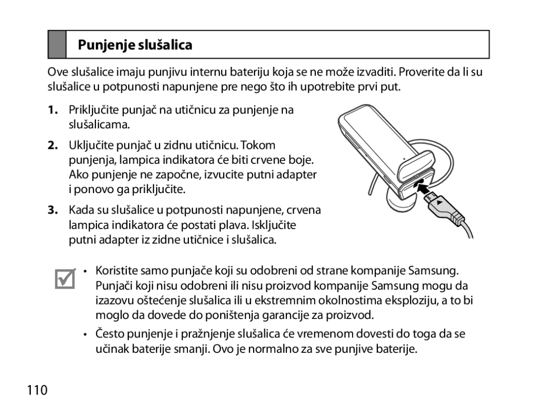 Samsung BHM3700EDECXEH, BHM3700EDEGXEF, BHM3700EDECXEF, BHM3700EDEGXEH, BHM3700EDRCSER manual Punjenje slušalica, 110 