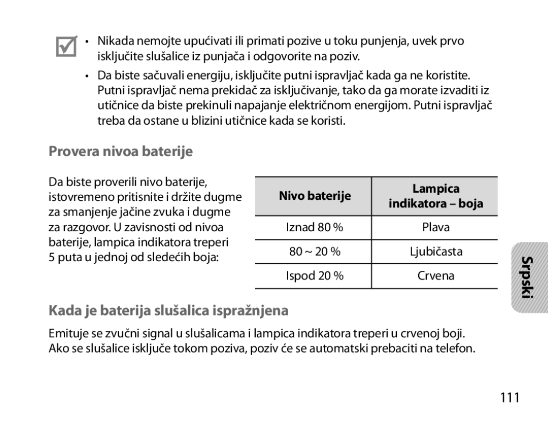 Samsung BHM3700EDEGXEH Provera nivoa baterije, Kada je baterija slušalica ispražnjena, 111, Nivo baterije Lampica, Srpski 