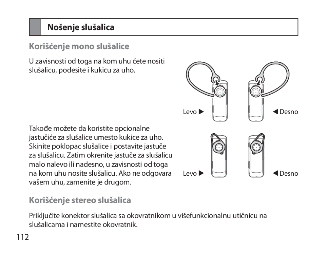 Samsung BHM3700EDRCSER, BHM3700EDEGXEF manual Nošenje slušalica, Korišćenje mono slušalice, Korišćenje stereo slušalica, 112 