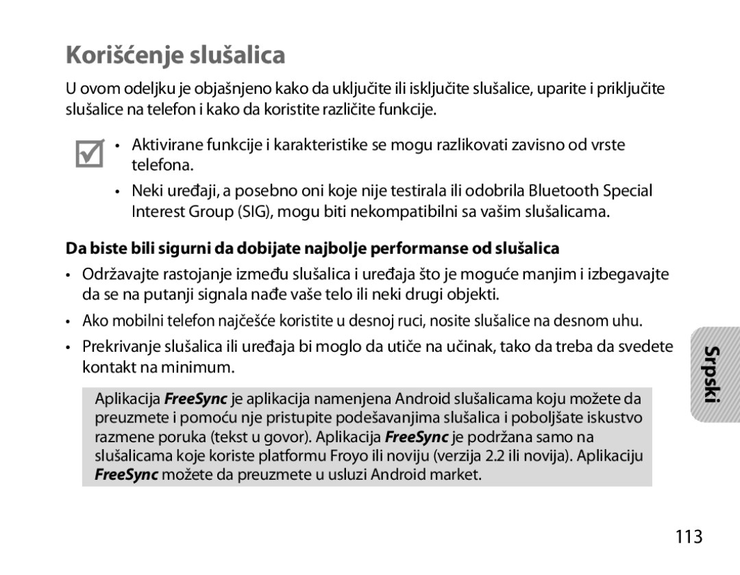 Samsung BHM3700EDEGXEF, BHM3700EDECXEF, BHM3700EDECXEH, BHM3700EDEGXEH, BHM3700EDRCSER manual Korišćenje slušalica, 113 