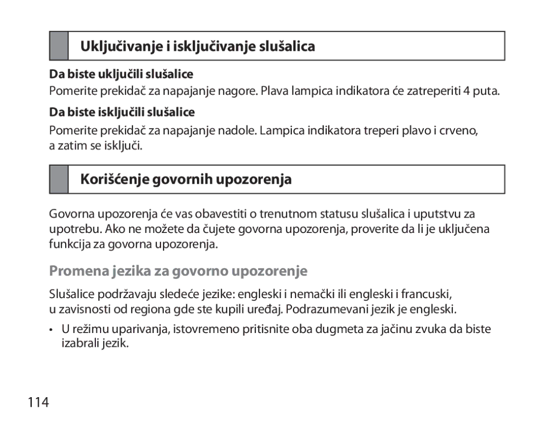 Samsung BHM3700EDECXEF, BHM3700EDEGXEF manual Uključivanje i isključivanje slušalica, Korišćenje govornih upozorenja, 114 