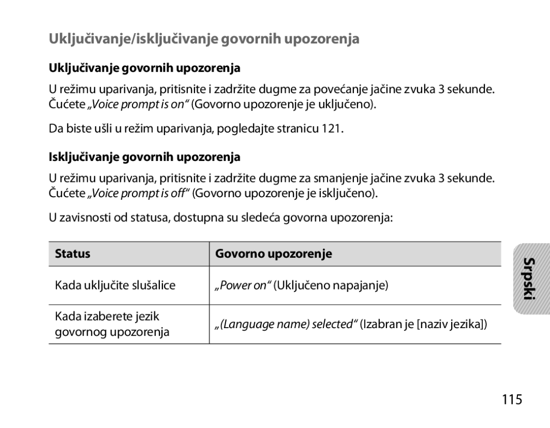 Samsung BHM3700EDECXEH manual Uključivanje/isključivanje govornih upozorenja, 115, Uključivanje govornih upozorenja 