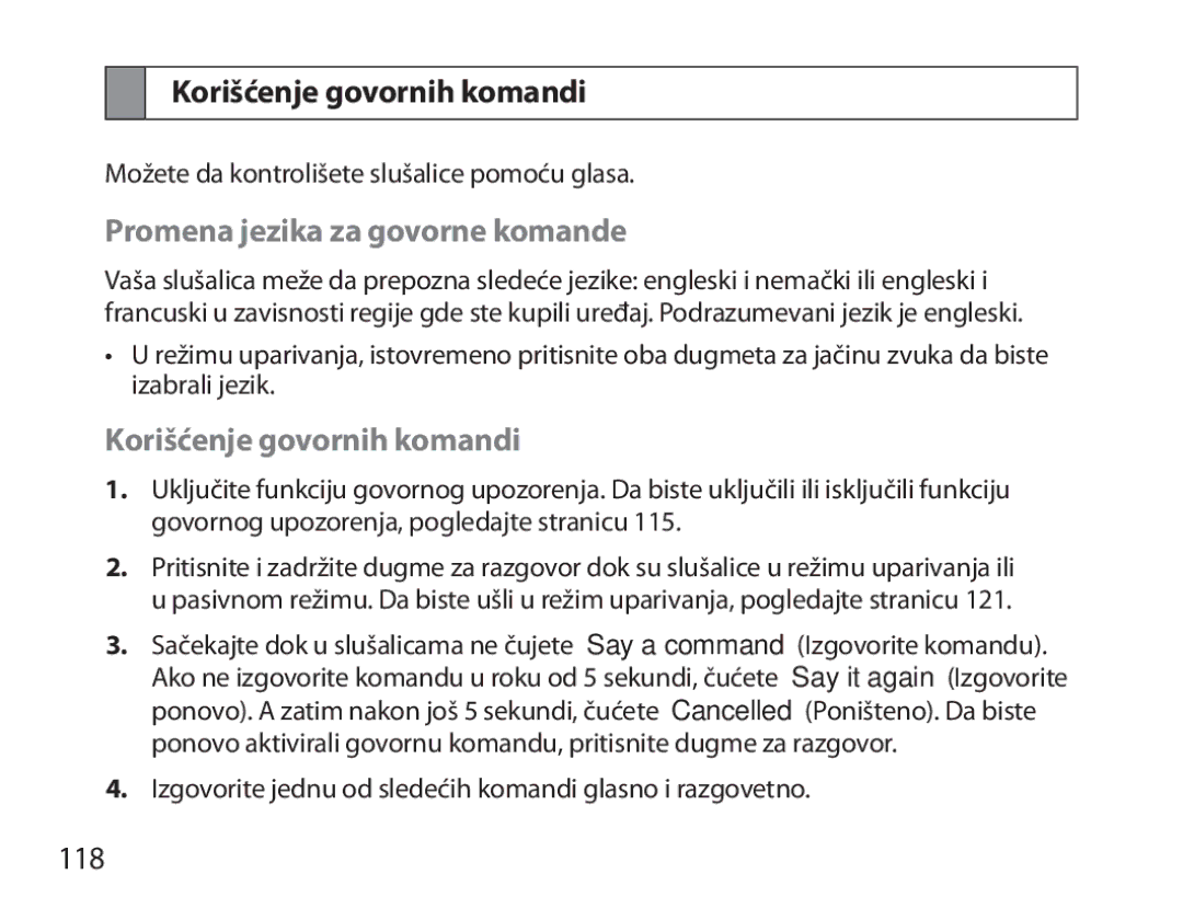 Samsung BHM3700EDEGXEF, BHM3700EDECXEF, BHM3700EDECXEH Korišćenje govornih komandi, Promena jezika za govorne komande, 118 