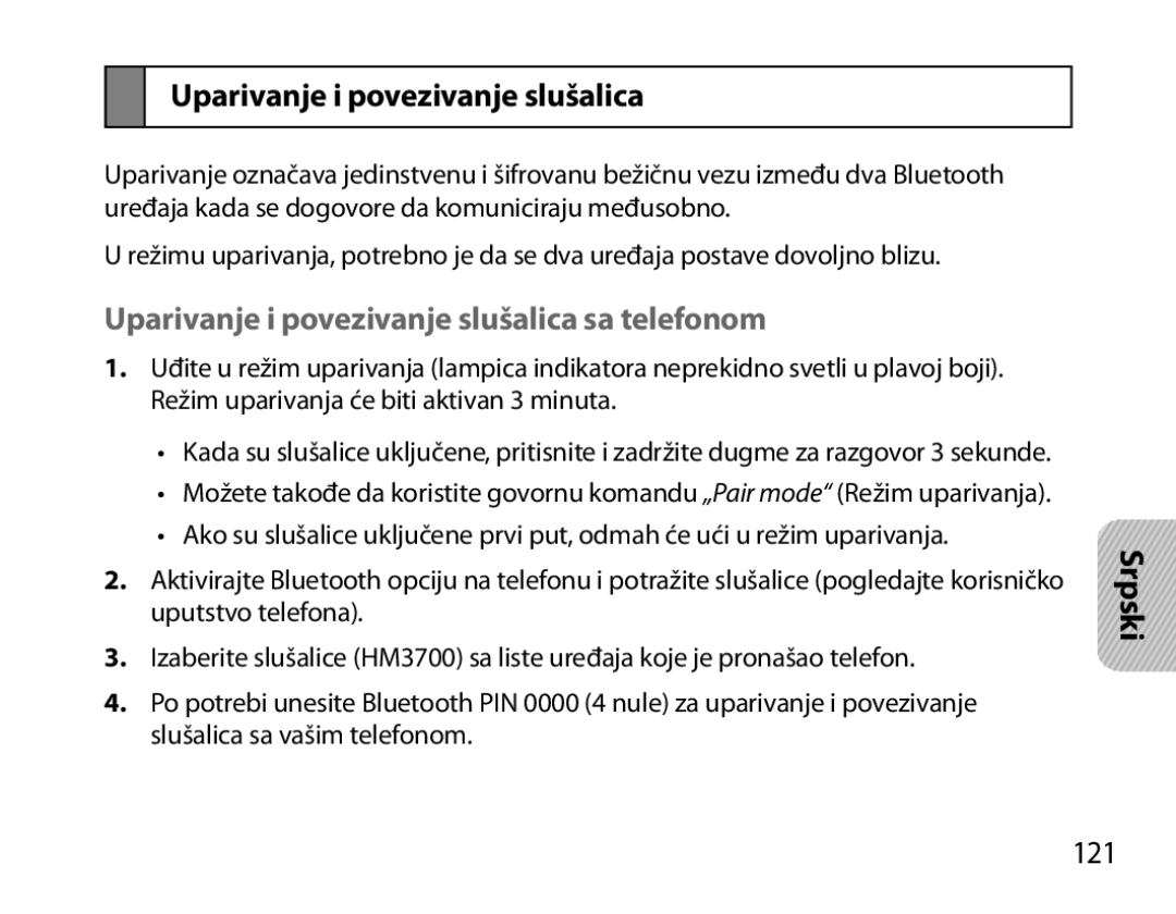 Samsung BHM3700EDEGXEH, BHM3700EDEGXEF, BHM3700EDECXEF manual Uparivanje i povezivanje slušalica sa telefonom, 121 