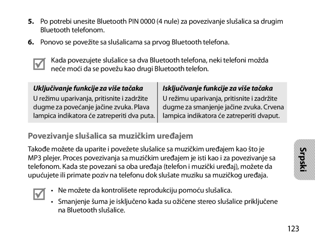 Samsung BHM3700EDEGXEF, BHM3700EDECXEF, BHM3700EDECXEH, BHM3700EDEGXEH manual Povezivanje slušalica sa muzičkim uređajem, 123 