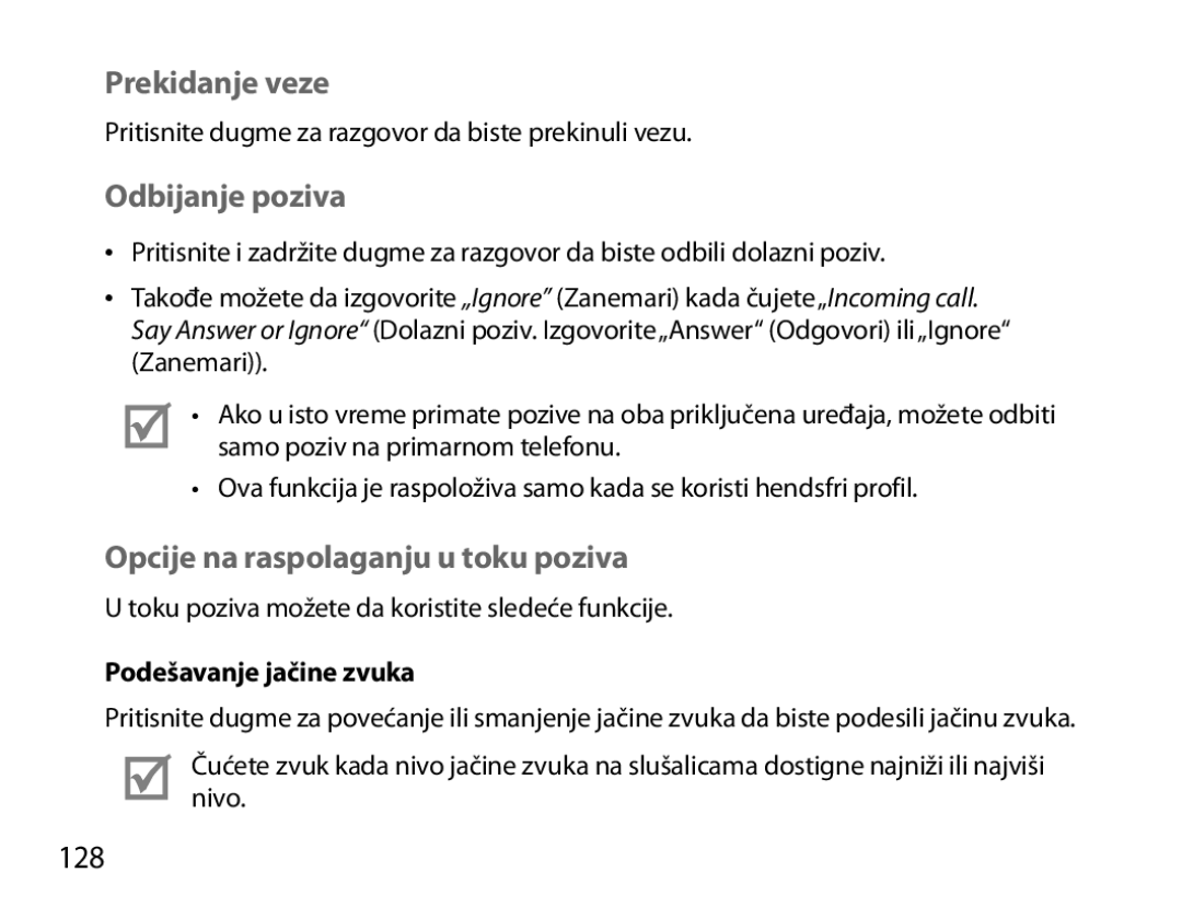 Samsung BHM3700EDEGXEF, BHM3700EDECXEF manual Prekidanje veze, Odbijanje poziva, Opcije na raspolaganju u toku poziva, 128 