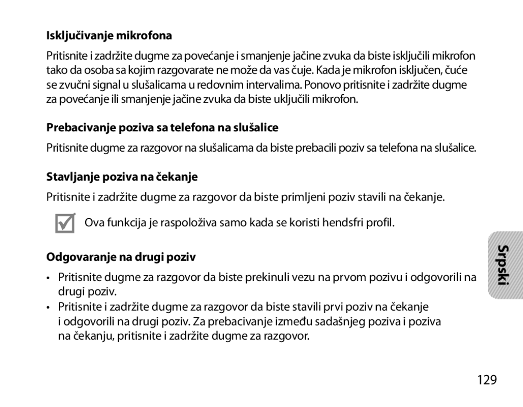 Samsung BHM3700EDECXEF, BHM3700EDEGXEF manual 129, Isključivanje mikrofona, Prebacivanje poziva sa telefona na slušalice 