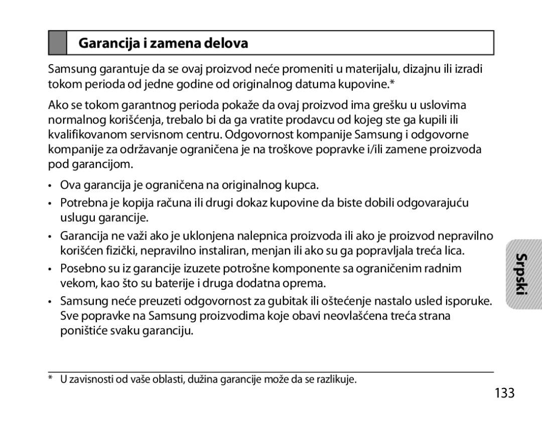 Samsung BHM3700EDEGXEF, BHM3700EDECXEF, BHM3700EDECXEH, BHM3700EDEGXEH, BHM3700EDRCSER manual Garancija i zamena delova, 133 